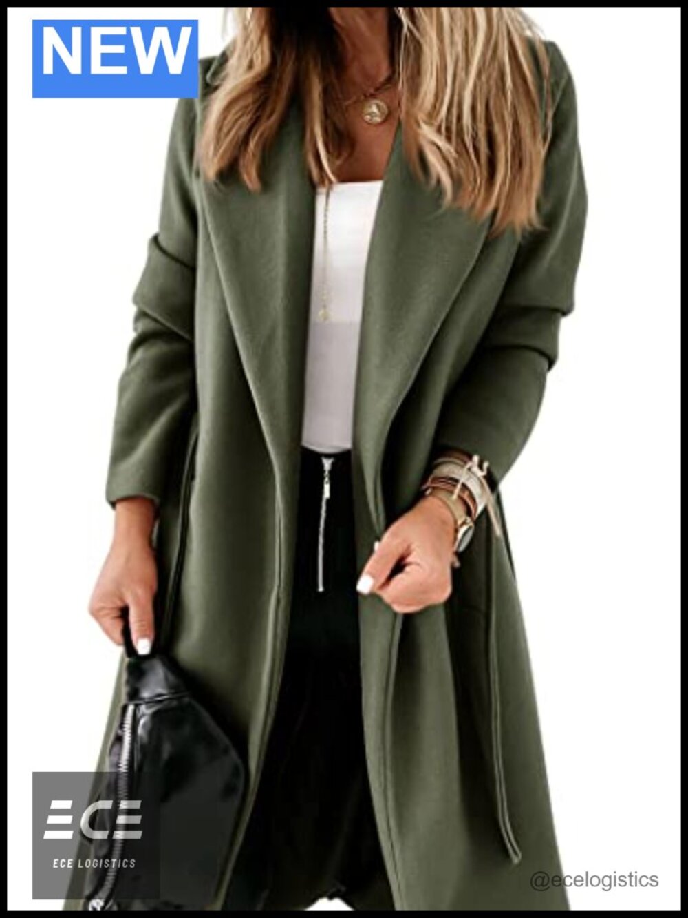 Womens Long Belted Wool Pea Coat Lapel Open Front Cold Weather Jacket